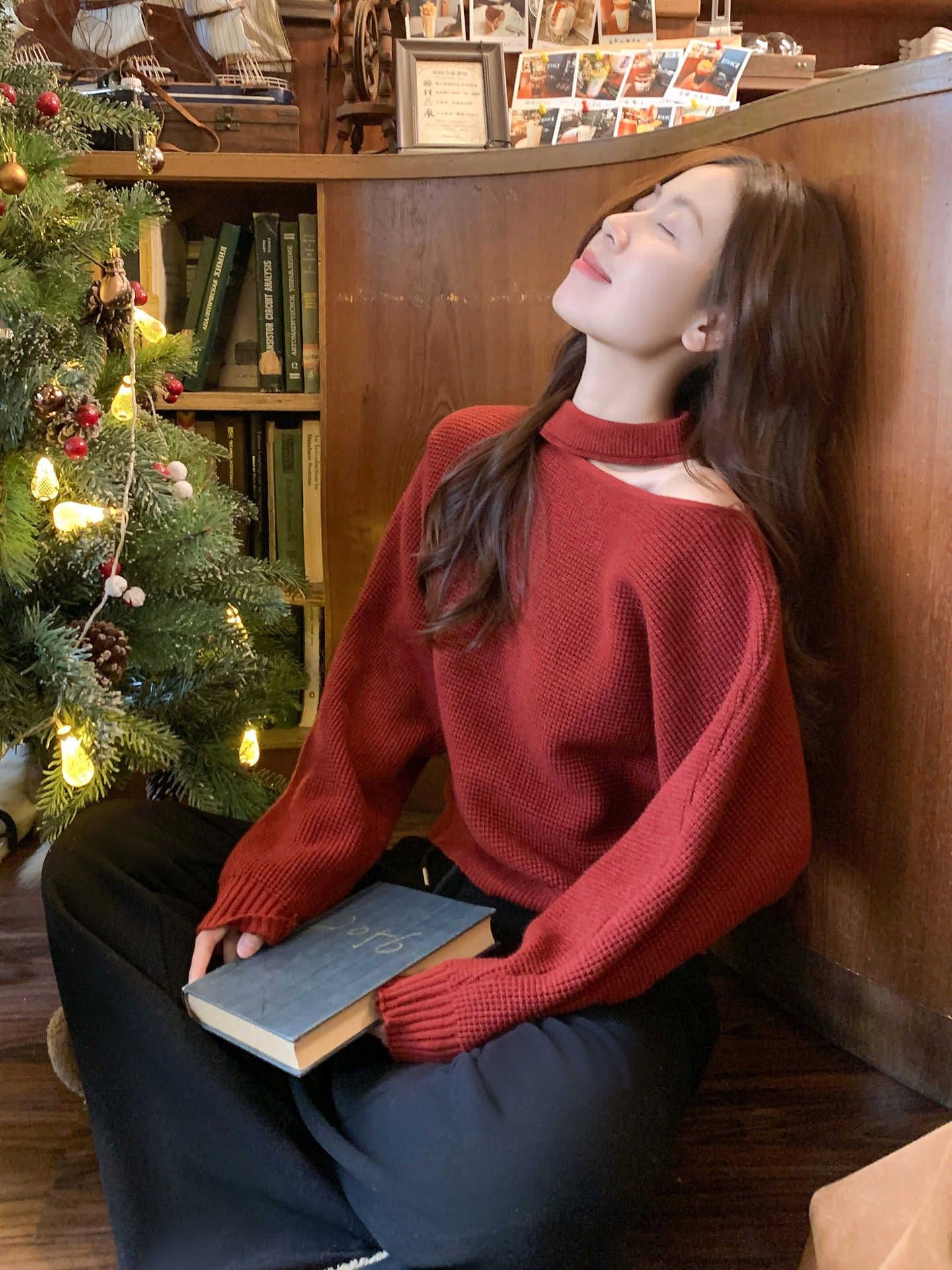 한 부서 빨간색 홀로우 아웃 행침 목 니트 스웨터 여성 겨울 신년 크리스마스 착용 가져 가라. 보온 스웨터 맨위 이미지 2