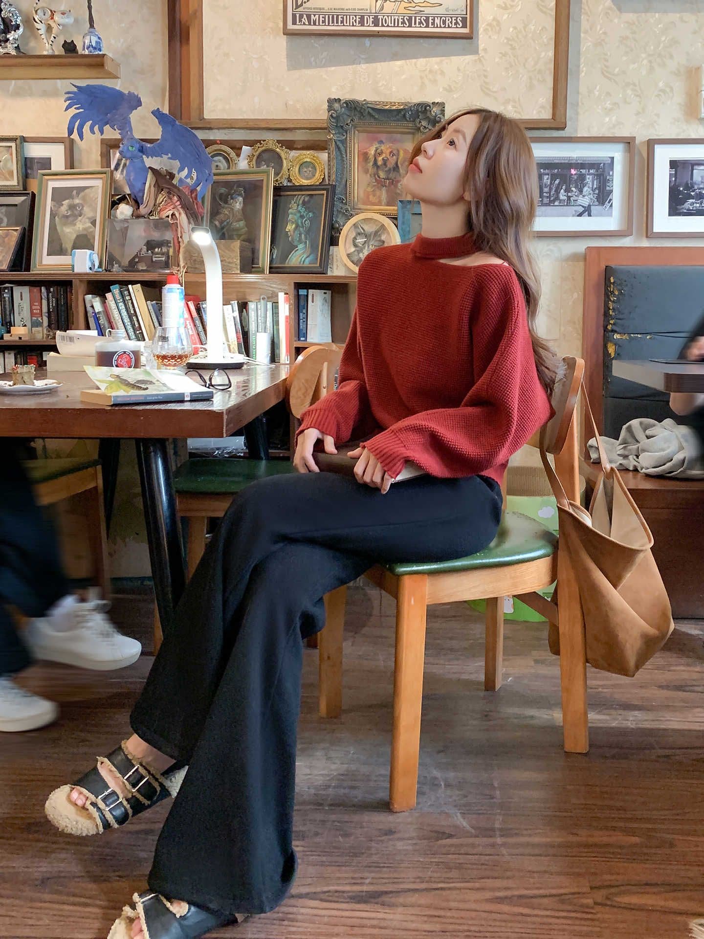 한 부서 빨간색 홀로우 아웃 행침 목 니트 스웨터 여성 겨울 신년 크리스마스 착용 가져 가라. 보온 스웨터 맨위 이미지 4
