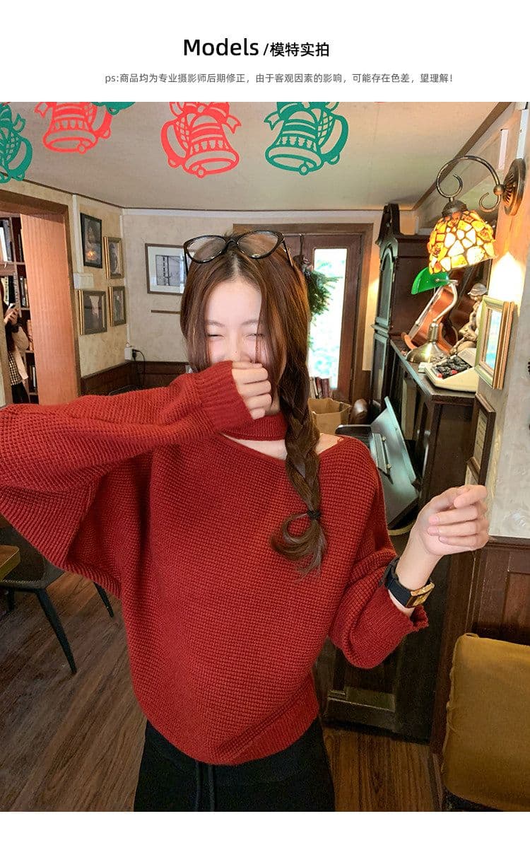 한 부서 빨간색 홀로우 아웃 행침 목 니트 스웨터 여성 겨울 신년 크리스마스 착용 가져 가라. 보온 스웨터 맨위 상세 이미지 1
