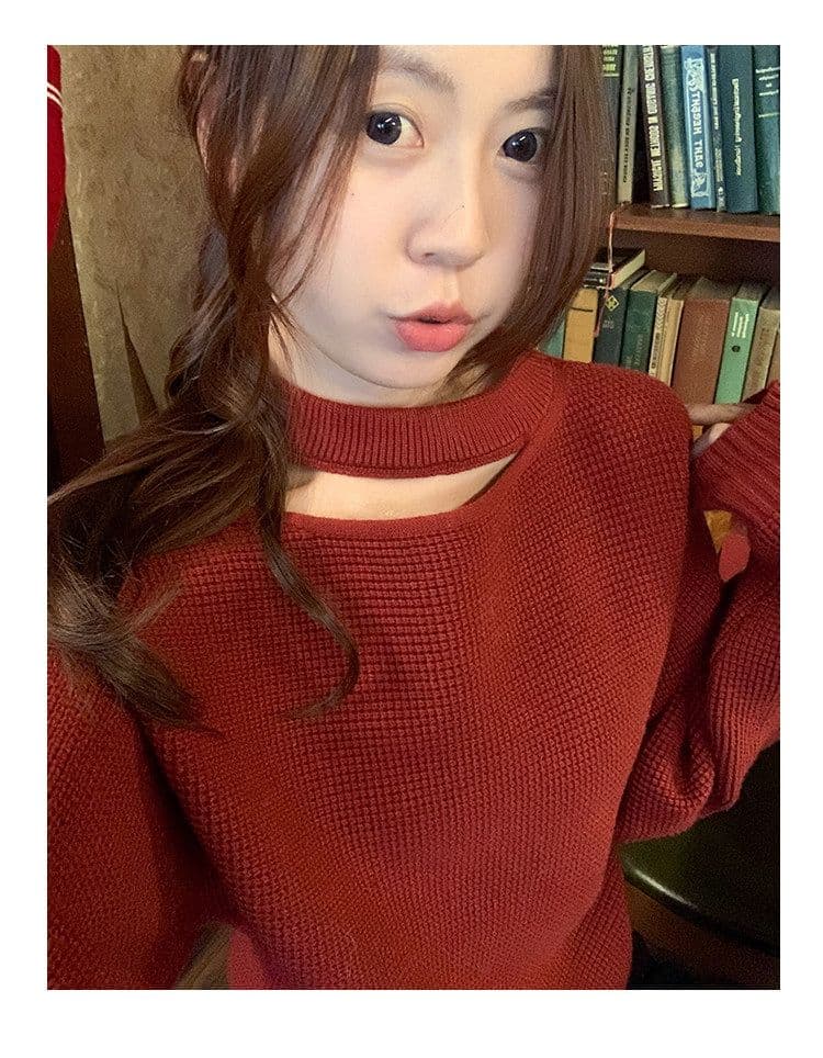 한 부서 빨간색 홀로우 아웃 행침 목 니트 스웨터 여성 겨울 신년 크리스마스 착용 가져 가라. 보온 스웨터 맨위 상세 이미지 2
