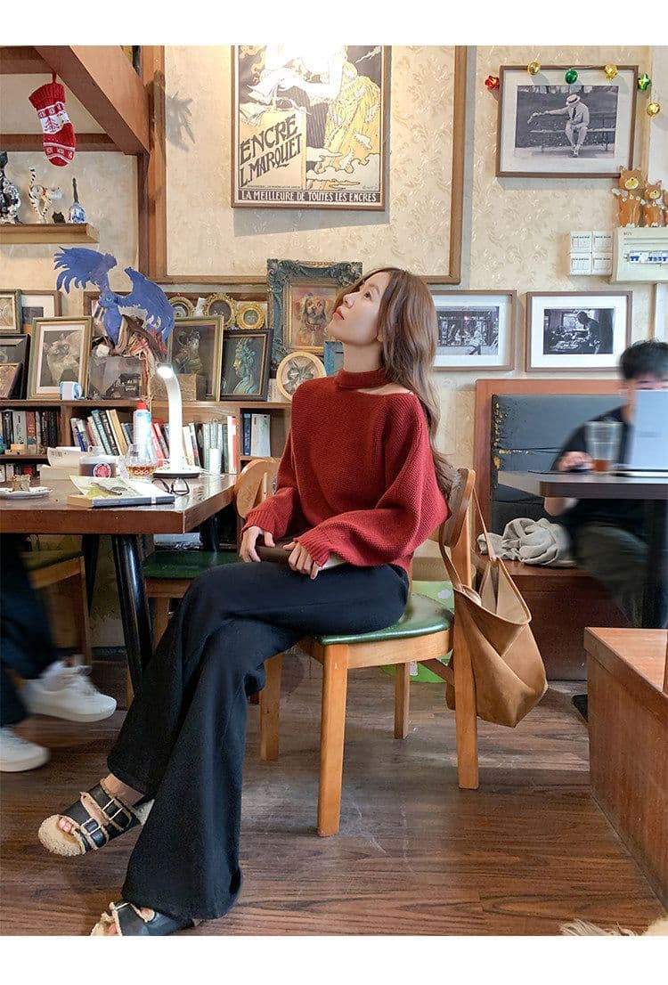 한 부서 빨간색 홀로우 아웃 행침 목 니트 스웨터 여성 겨울 신년 크리스마스 착용 가져 가라. 보온 스웨터 맨위 상세 이미지 3