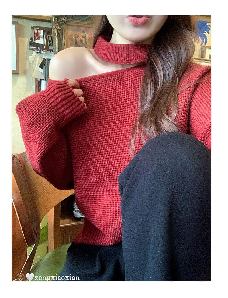 한 부서 빨간색 홀로우 아웃 행침 목 니트 스웨터 여성 겨울 신년 크리스마스 착용 가져 가라. 보온 스웨터 맨위 상세 이미지 6