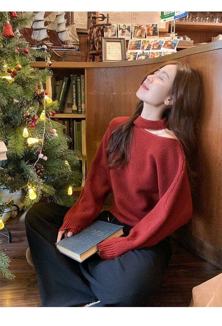 한 부서 빨간색 홀로우 아웃 행침 목 니트 스웨터 여성 겨울 신년 크리스마스 착용 가져 가라. 보온 스웨터 맨위 상세 이미지 8