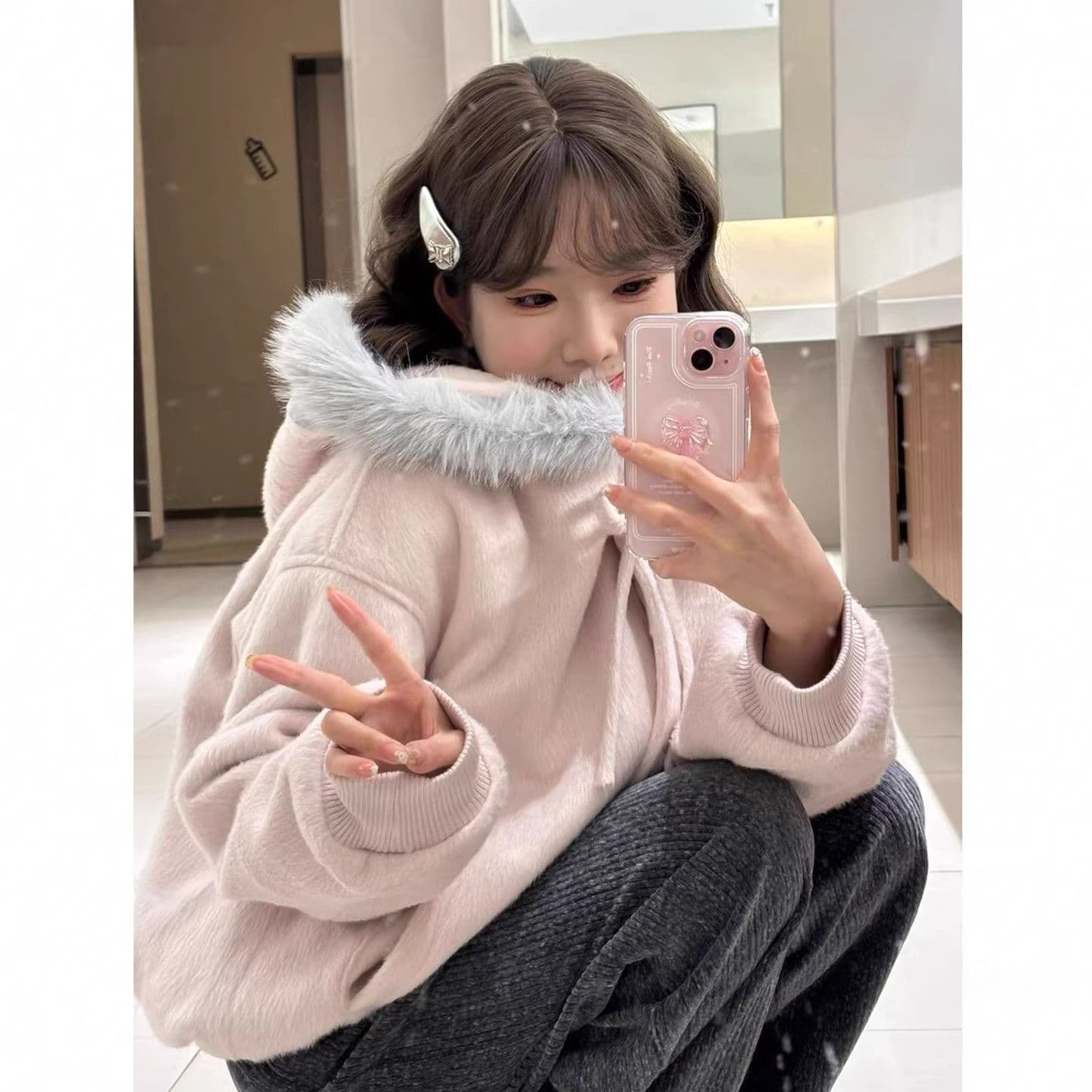 부드러운 자매 착용 가져 가라. 핑크색 후드 나비 매듭 스트랩 품격 큰 모피 칼라 여성 코트 가을 겨울 학원 스타일 모직 맨위 이미지 2