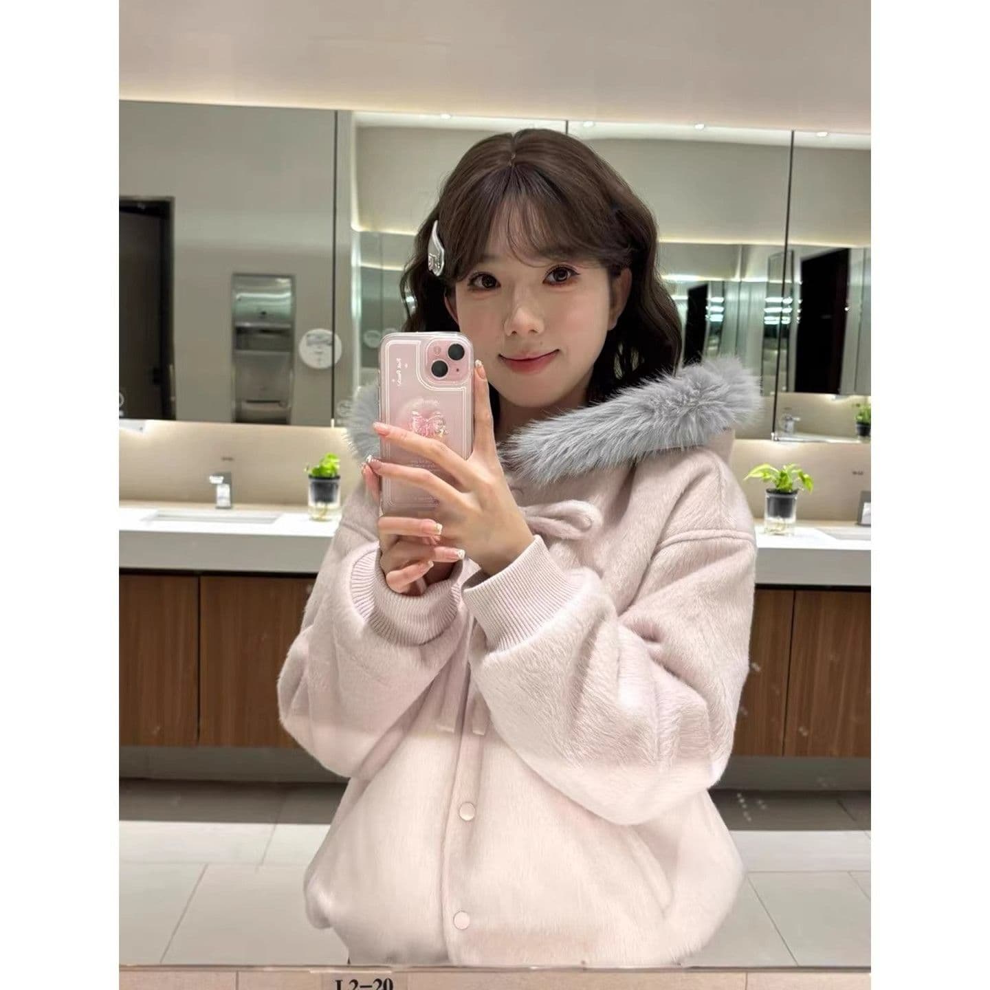 부드러운 자매 착용 가져 가라. 핑크색 후드 나비 매듭 스트랩 품격 큰 모피 칼라 여성 코트 가을 겨울 학원 스타일 모직 맨위 이미지 3