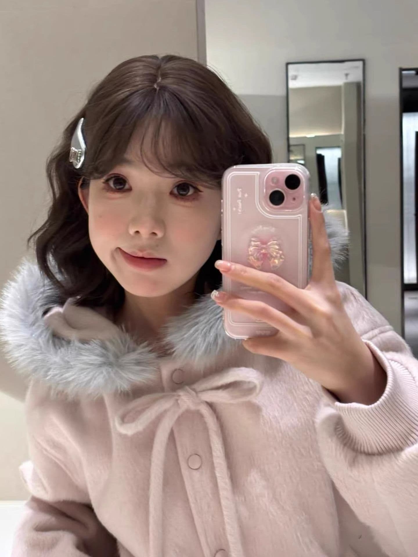 부드러운 자매 착용 가져 가라. 핑크색 후드 나비 매듭 스트랩 품격 큰 모피 칼라 여성 코트 가을 겨울 학원 스타일 모직 맨위 상세 이미지 5