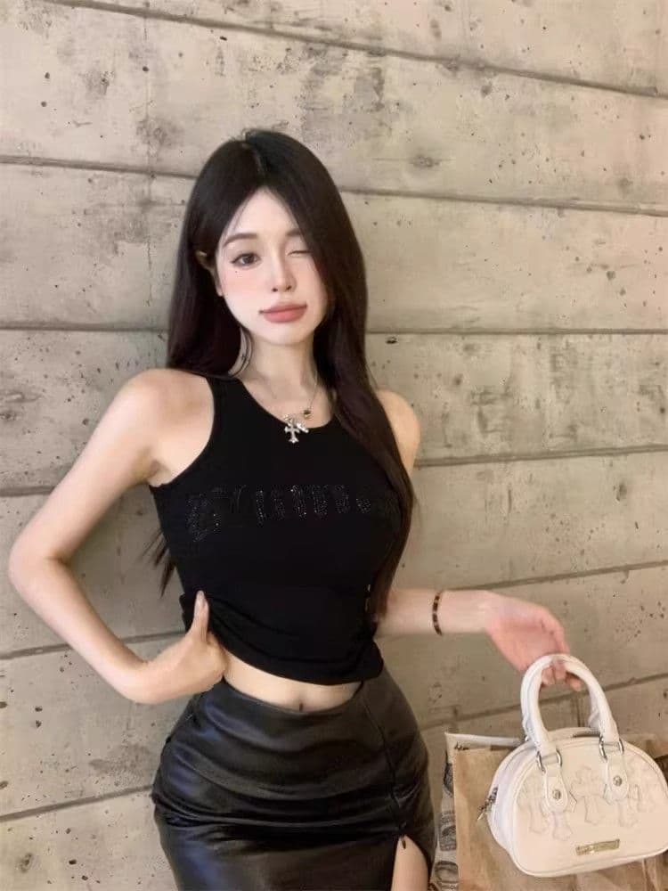 알파벳 스와로브스키 민소매 작은 조끼 슬립 인사이드 가져 가라. 여성 여름 핫걸 아름다운 단어 핫픽스 타이트 맨위 외출용 이미지 3