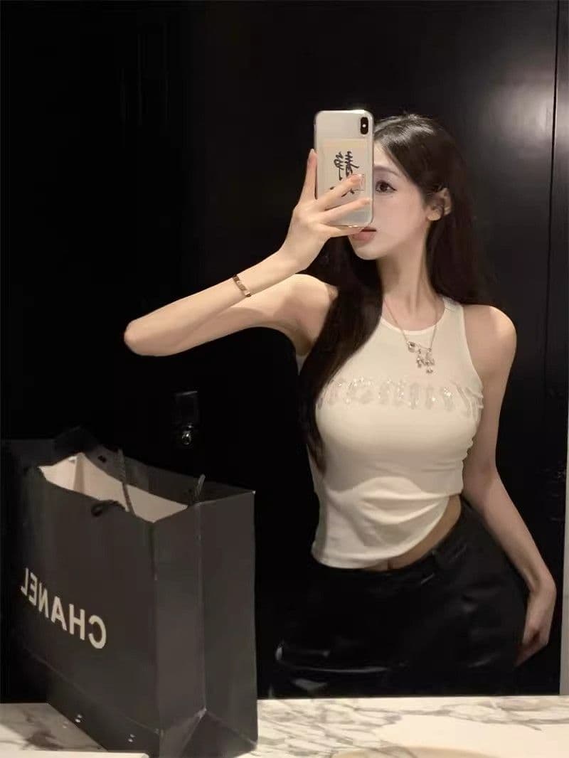 알파벳 스와로브스키 민소매 작은 조끼 슬립 인사이드 가져 가라. 여성 여름 핫걸 아름다운 단어 핫픽스 타이트 맨위 외출용 이미지 2