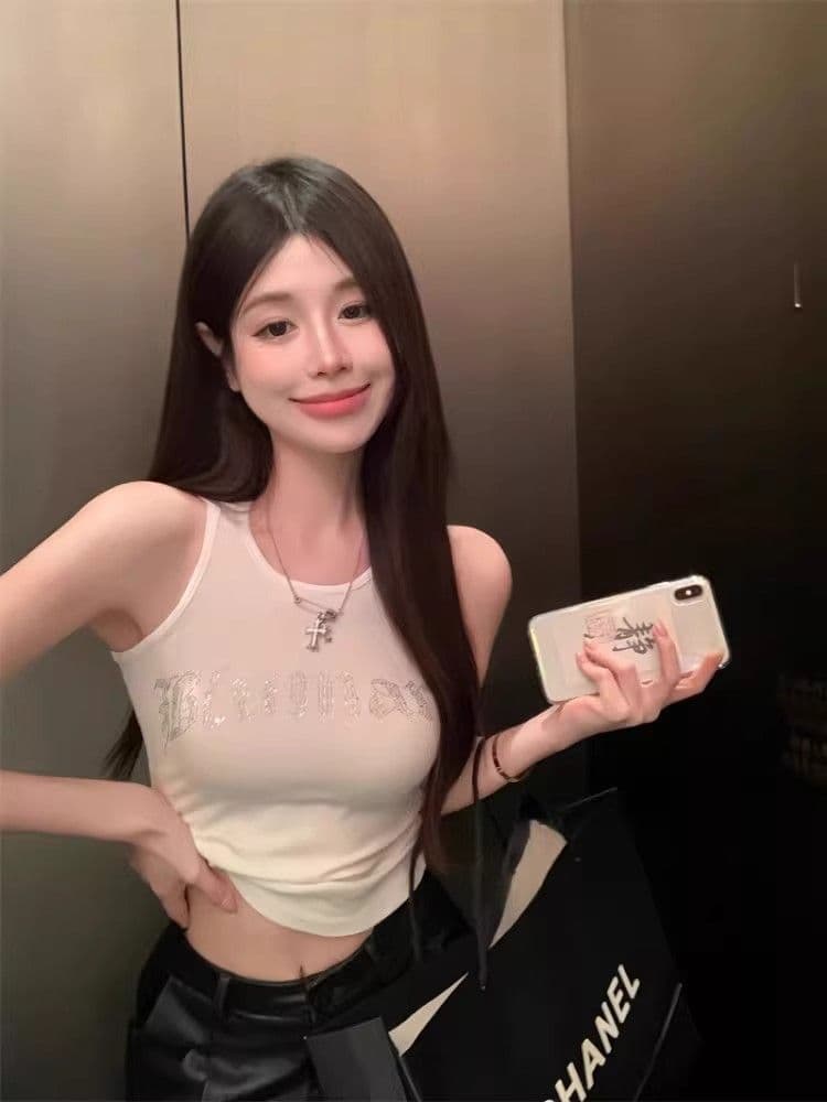 알파벳 스와로브스키 민소매 작은 조끼 슬립 인사이드 가져 가라. 여성 여름 핫걸 아름다운 단어 핫픽스 타이트 맨위 외출용 상세 이미지 3