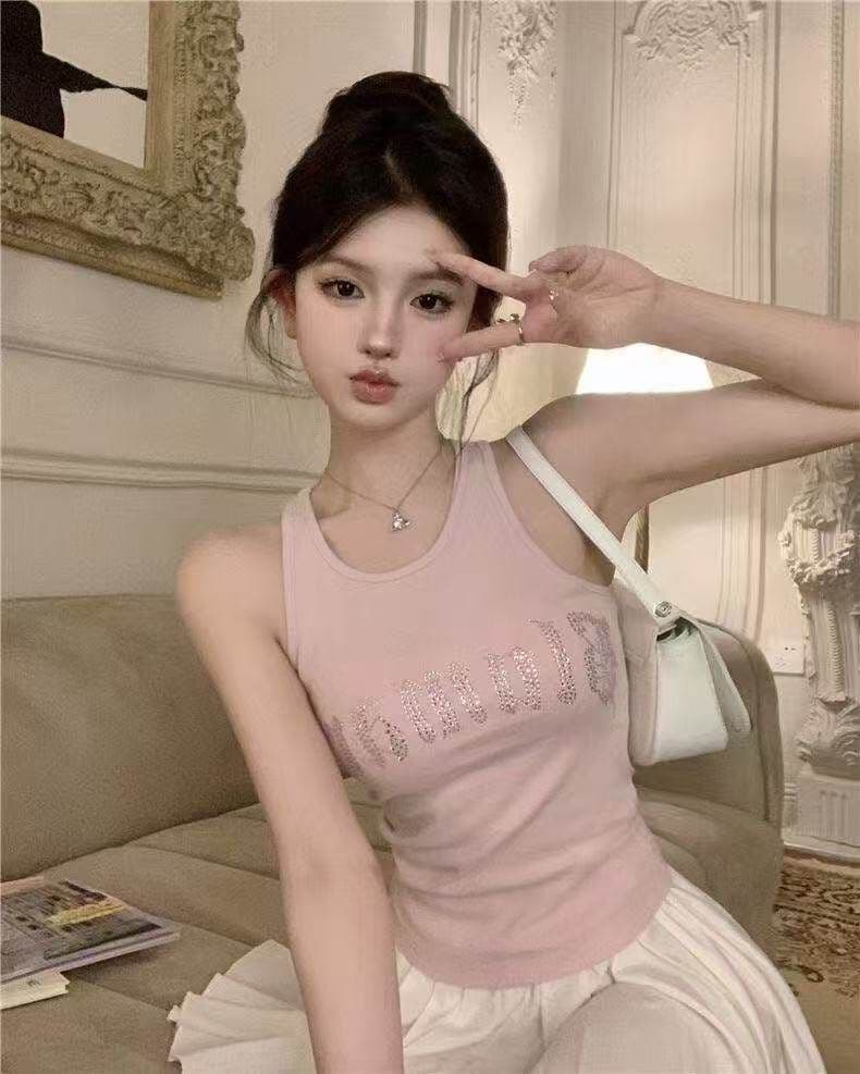 알파벳 스와로브스키 민소매 작은 조끼 슬립 인사이드 가져 가라. 여성 여름 핫걸 아름다운 단어 핫픽스 타이트 맨위 외출용 상세 이미지 4
