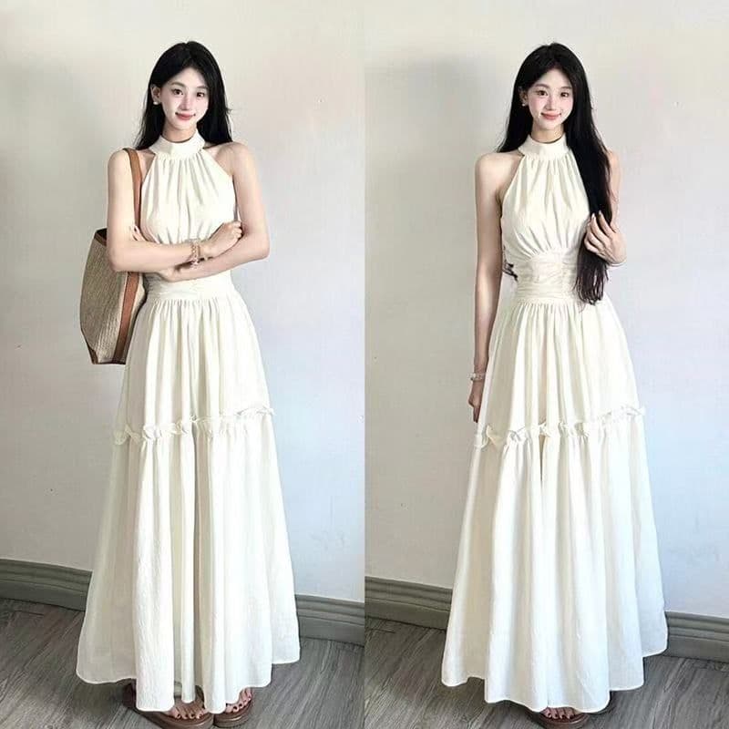 해변가 휴가 바람 화이트 민소매 행침 목 여성 드레스 2026 여름 디자인 센스 허리 수축 슬림해 보이는 품격 롱 스커트 이미지 2