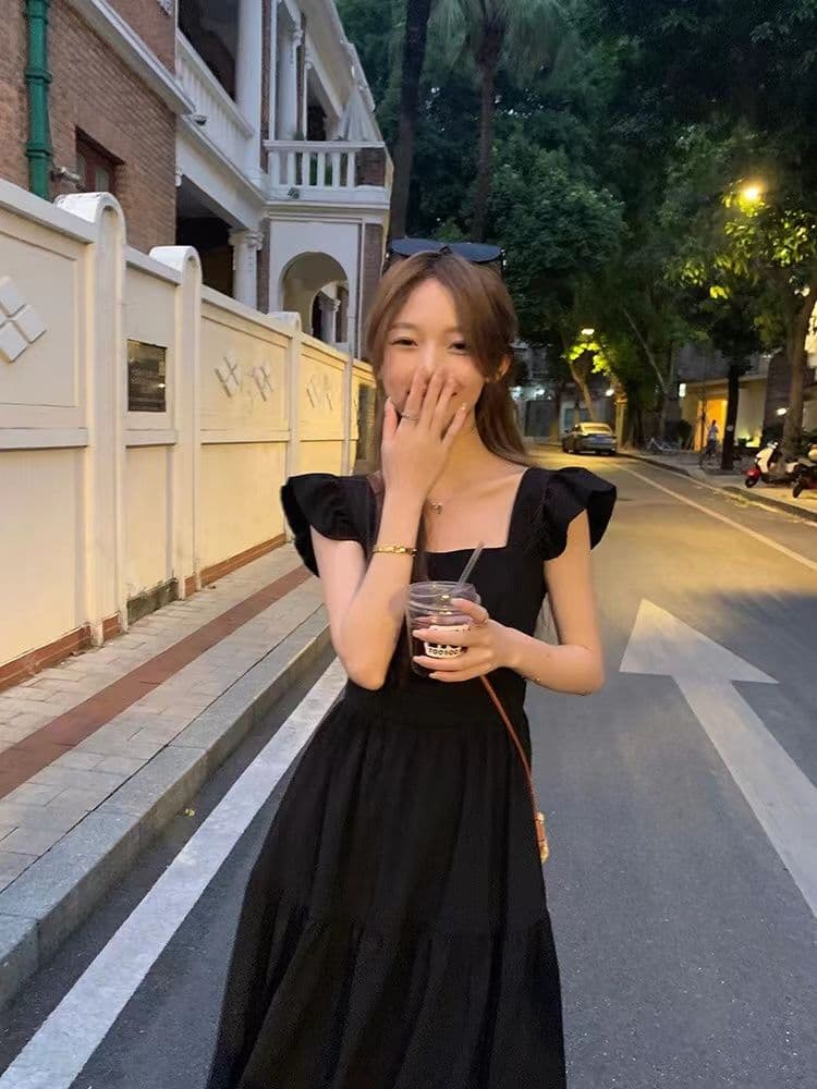 여름 여성 검정색 점프 슈트 치마 작은 날다 소매 그리고 그는 벤 바람 롱 스커트 프랑스식 첫사랑 차 휴식 상세 이미지 1