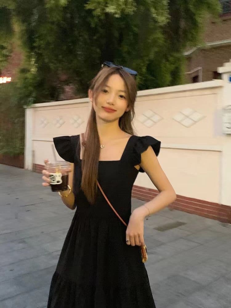여름 여성 검정색 점프 슈트 치마 작은 날다 소매 그리고 그는 벤 바람 롱 스커트 프랑스식 첫사랑 차 휴식 상세 이미지 3