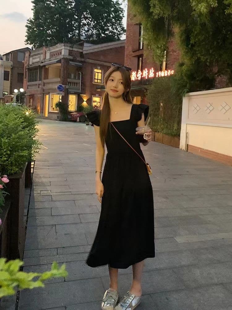 여름 여성 검정색 점프 슈트 치마 작은 날다 소매 그리고 그는 벤 바람 롱 스커트 프랑스식 첫사랑 차 휴식 상세 이미지 5