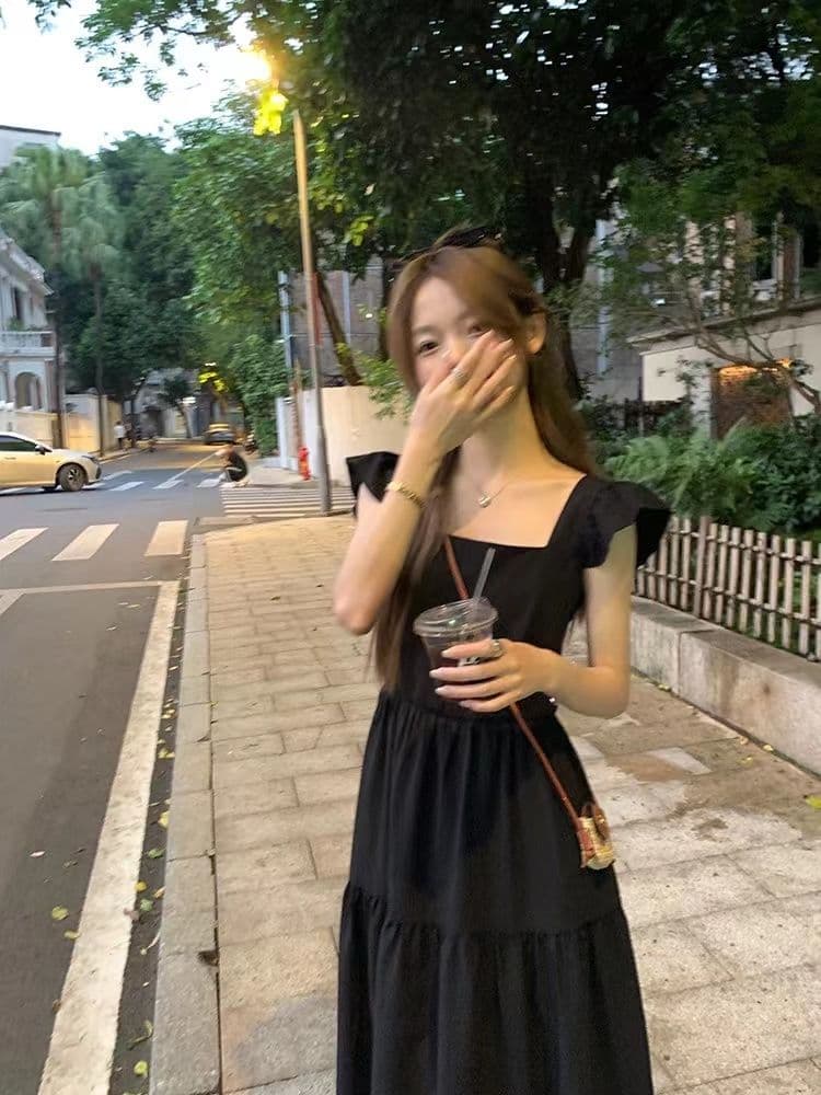 여름 여성 검정색 점프 슈트 치마 작은 날다 소매 그리고 그는 벤 바람 롱 스커트 프랑스식 첫사랑 차 휴식 상세 이미지 7