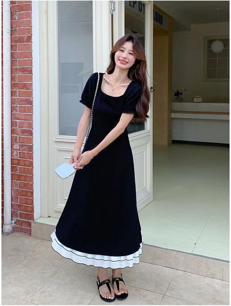 지퍼 네리 2026 새로운 검정색 광장 칼라 거품 소매 드레스 아이들 여름 허리 수축 롱 스커트 이미지 4