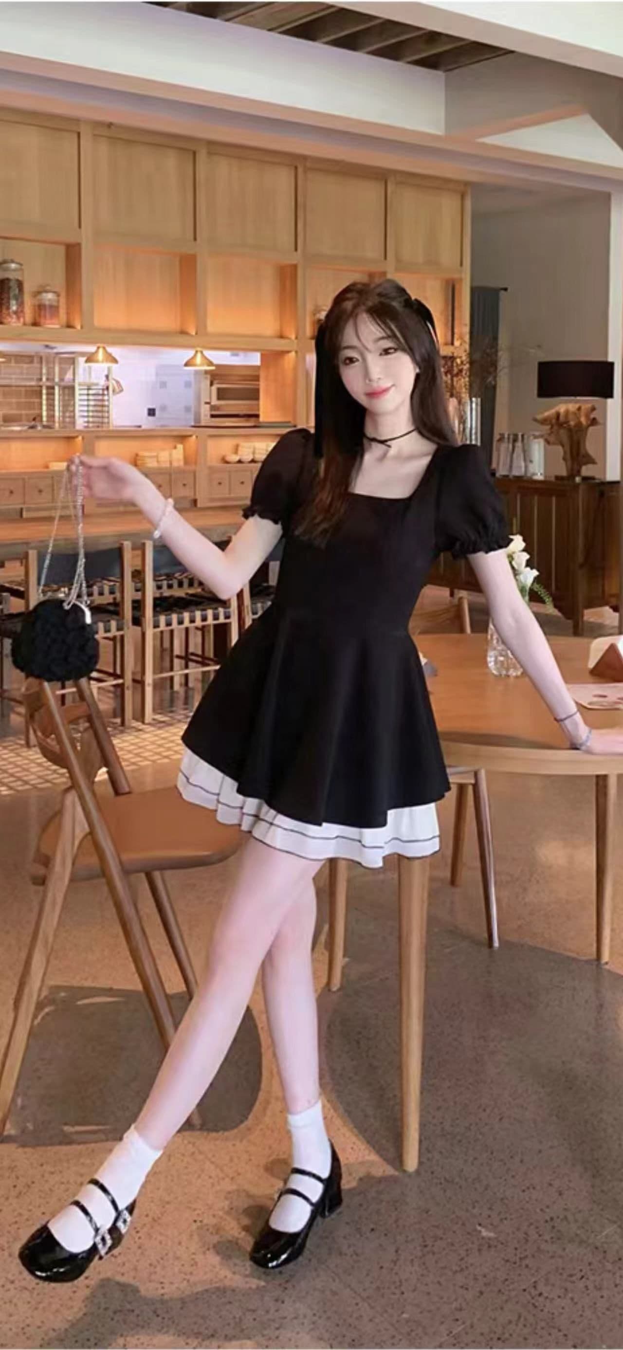 지퍼 네리 2026 새로운 검정색 광장 칼라 거품 소매 드레스 아이들 여름 허리 수축 롱 스커트 상세 이미지 9