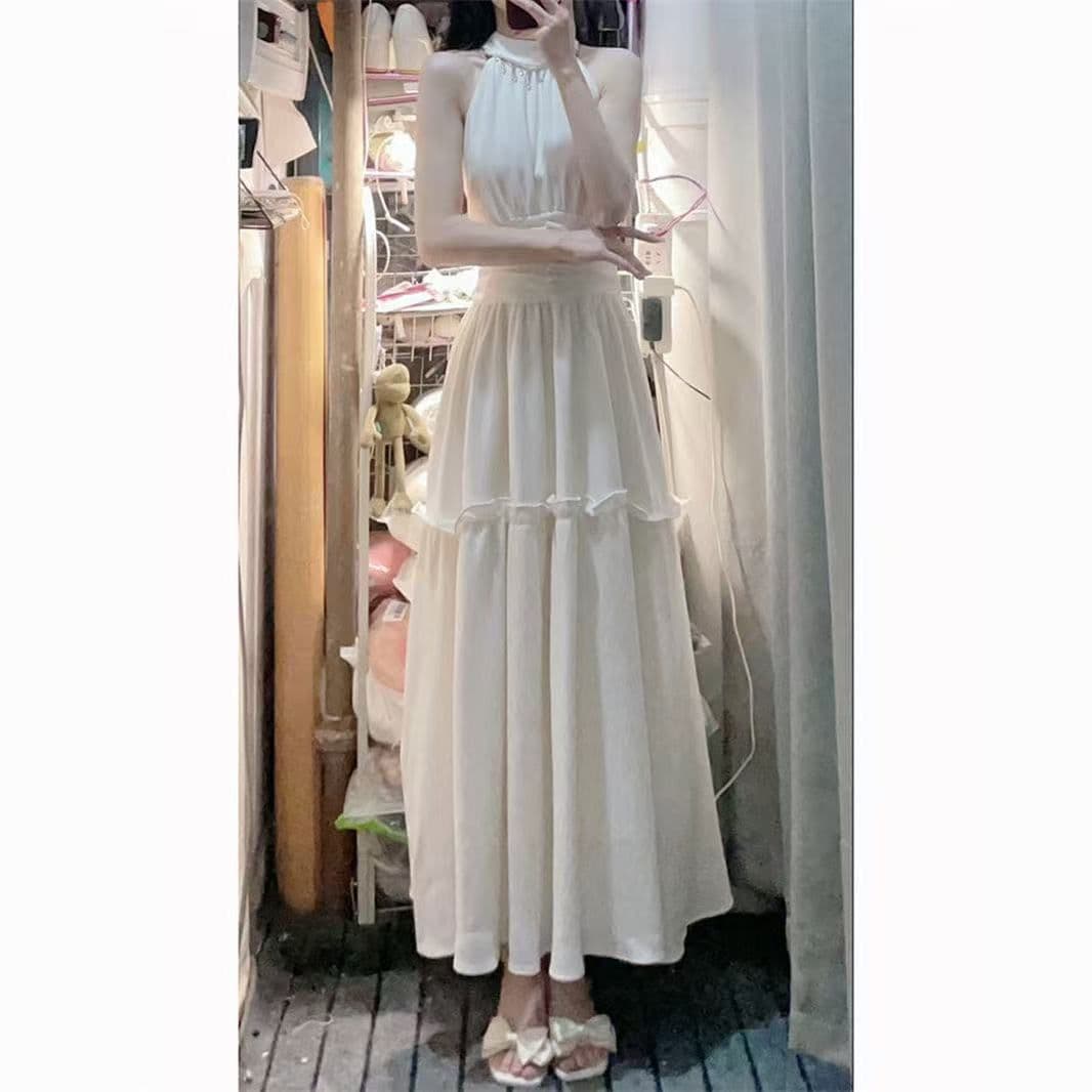 바다 소금 오트밀 프랑스식 레트로 디자인 롱 스커트 행침 목 슬립 핀치 Pleat 허리 수축 점프 슈트 롱 스커트 케이크 드레스