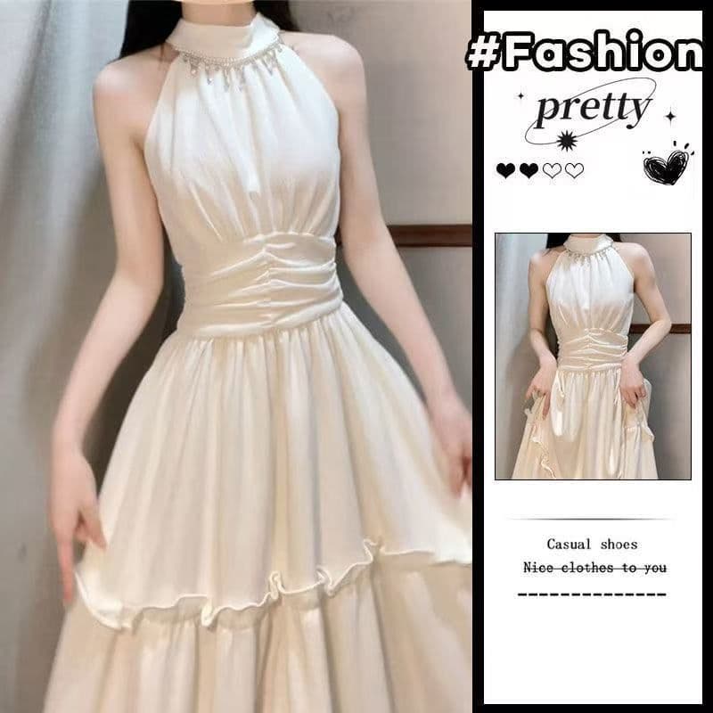 바다 소금 오트밀 프랑스식 레트로 디자인 롱 스커트 행침 목 슬립 핀치 Pleat 허리 수축 점프 슈트 롱 스커트 케이크 드레스 상세 이미지 1