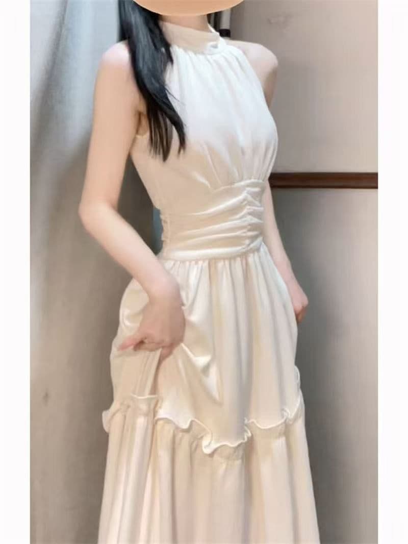 바다 소금 오트밀 프랑스식 레트로 디자인 롱 스커트 행침 목 슬립 핀치 Pleat 허리 수축 점프 슈트 롱 스커트 케이크 드레스 상세 이미지 2