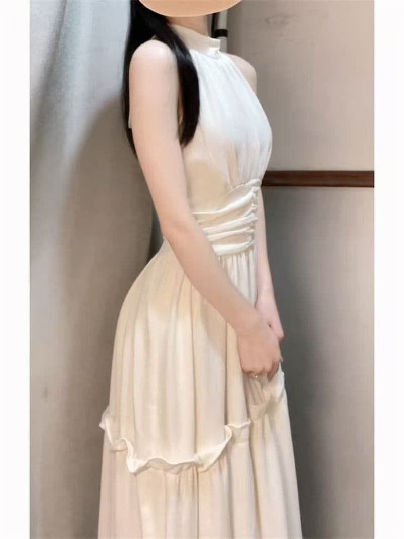 바다 소금 오트밀 프랑스식 레트로 디자인 롱 스커트 행침 목 슬립 핀치 Pleat 허리 수축 점프 슈트 롱 스커트 케이크 드레스 상세 이미지 3