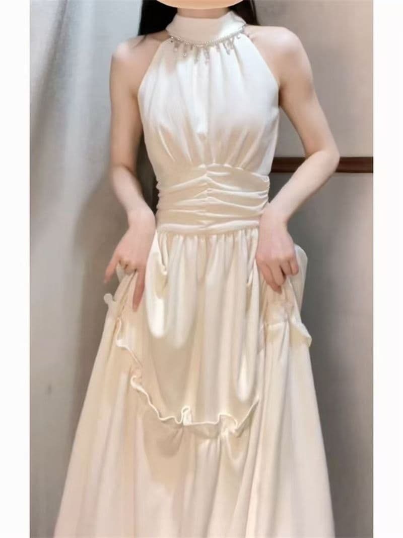 바다 소금 오트밀 프랑스식 레트로 디자인 롱 스커트 행침 목 슬립 핀치 Pleat 허리 수축 점프 슈트 롱 스커트 케이크 드레스 상세 이미지 4