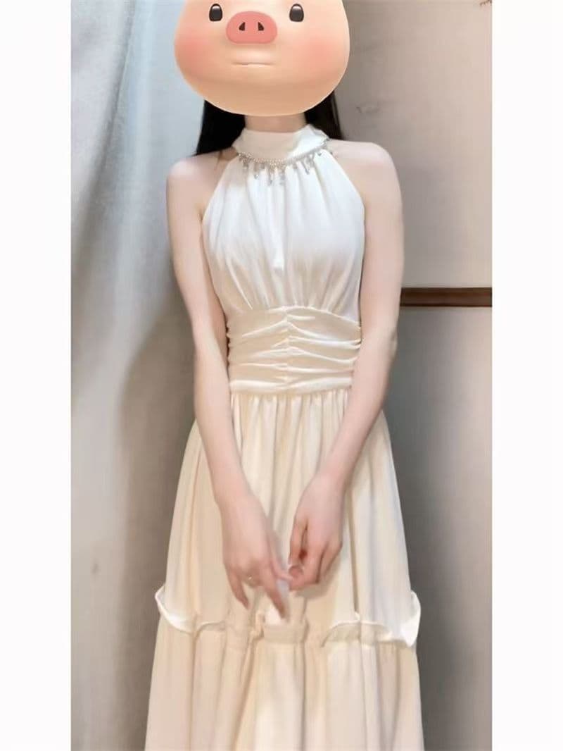 바다 소금 오트밀 프랑스식 레트로 디자인 롱 스커트 행침 목 슬립 핀치 Pleat 허리 수축 점프 슈트 롱 스커트 케이크 드레스 상세 이미지 5