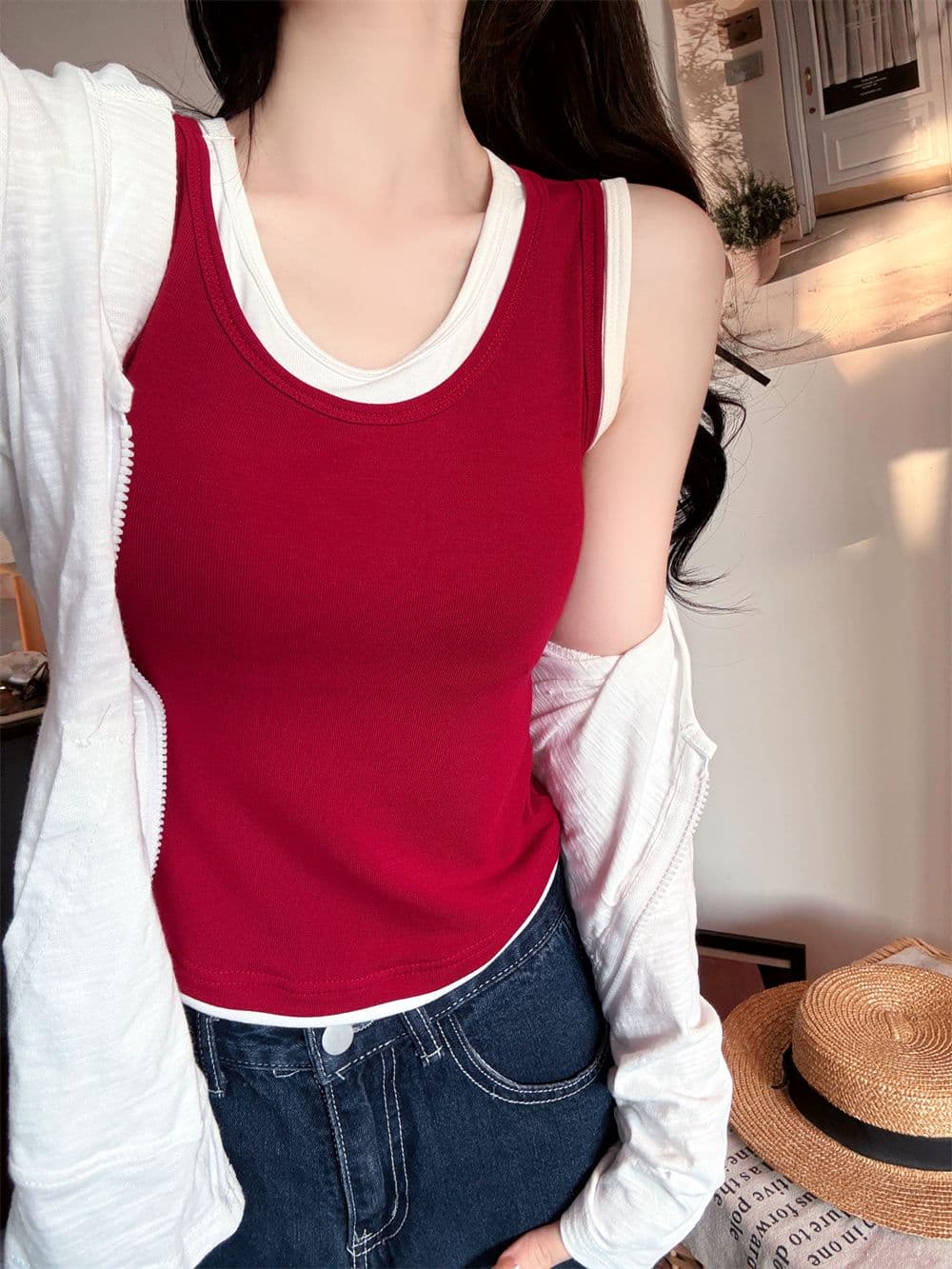 26 년 핫걸 맨위 몸매 가꾸기 벨트 가슴 패드 조끼 티셔츠 페이크 레이어드 디자인 센스 여름 배색 쇼트 스타일 맨위 상세 이미지 15