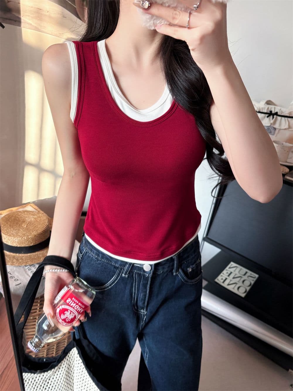 26 년 핫걸 맨위 몸매 가꾸기 벨트 가슴 패드 조끼 티셔츠 페이크 레이어드 디자인 센스 여름 배색 쇼트 스타일 맨위 상세 이미지 19