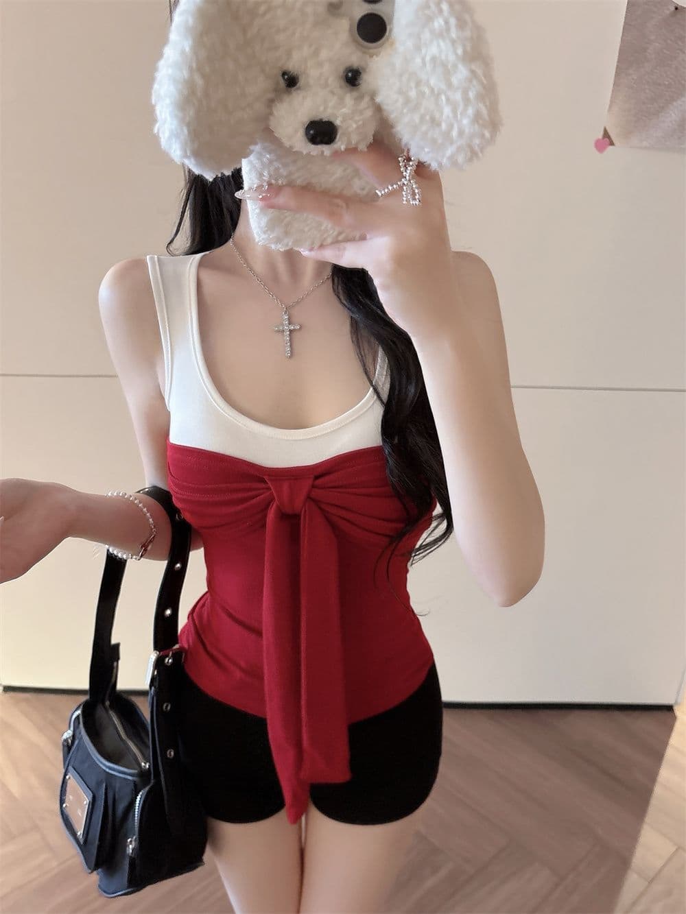 나만의 것을 가져와 라. 가슴 패드 순수한 욕망 핫걸 배색 나비 매듭 스트랩 캐미솔 봄 여름 새로운 몸매 가꾸기 상세 이미지 4