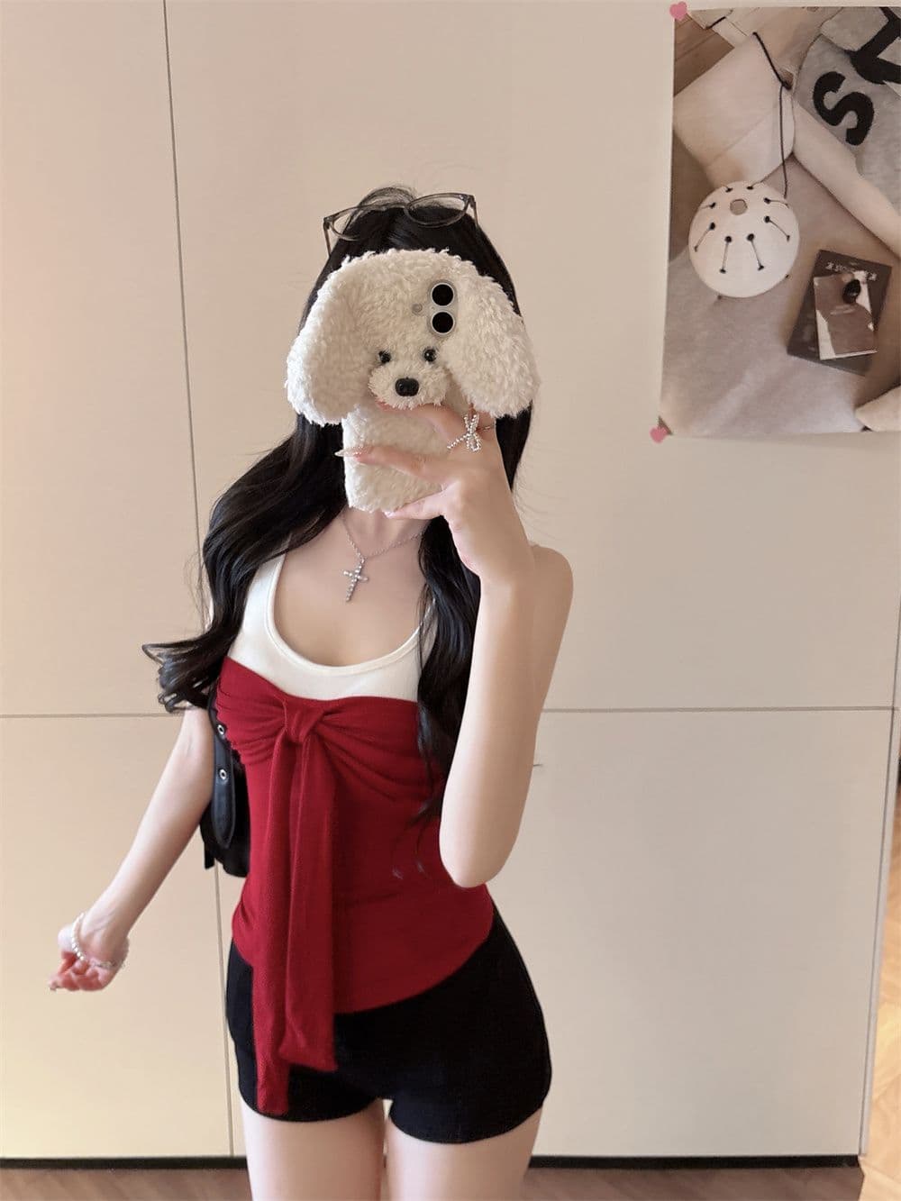 나만의 것을 가져와 라. 가슴 패드 순수한 욕망 핫걸 배색 나비 매듭 스트랩 캐미솔 봄 여름 새로운 몸매 가꾸기 상세 이미지 7