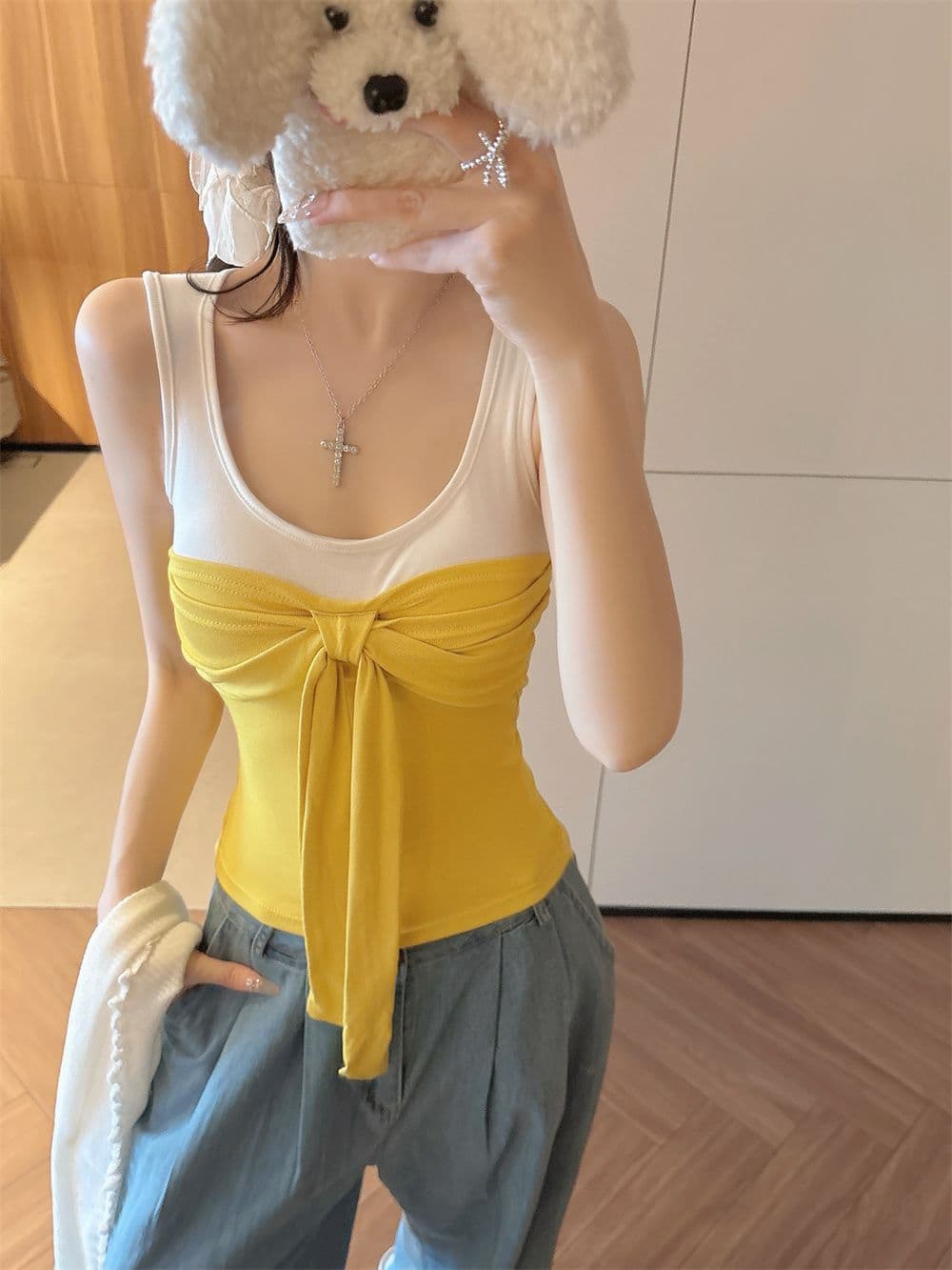나만의 것을 가져와 라. 가슴 패드 순수한 욕망 핫걸 배색 나비 매듭 스트랩 캐미솔 봄 여름 새로운 몸매 가꾸기 상세 이미지 10