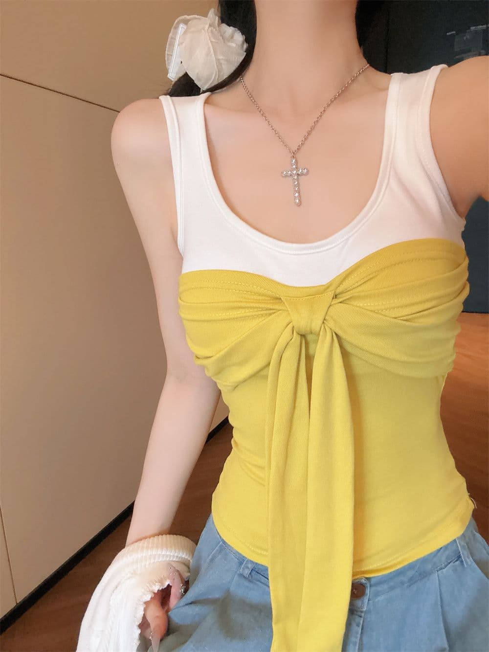나만의 것을 가져와 라. 가슴 패드 순수한 욕망 핫걸 배색 나비 매듭 스트랩 캐미솔 봄 여름 새로운 몸매 가꾸기 상세 이미지 12