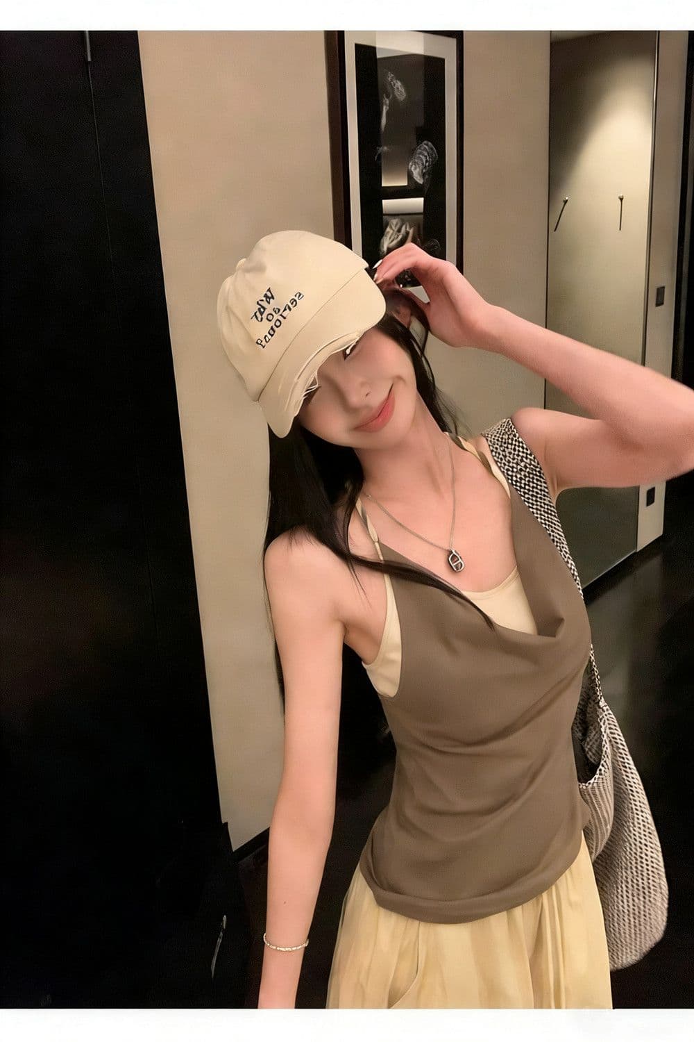 페이크 레이어드 배색 패치워크 흔들다 칼라 캐미솔 여름 매듭 디자인 센스 핫걸 행침 목 맨위