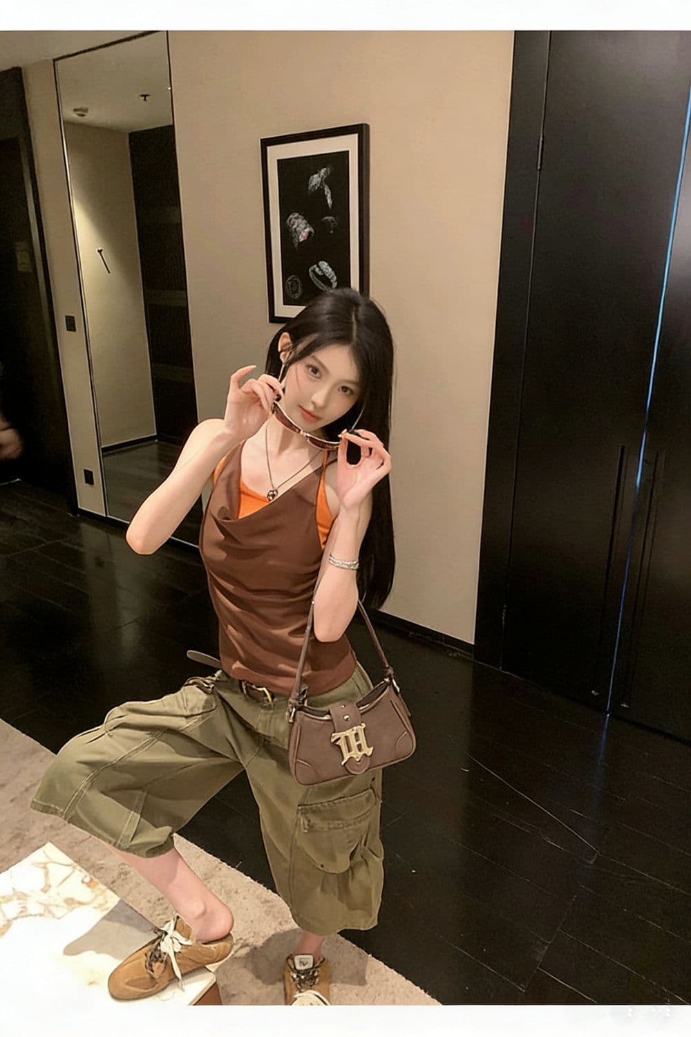 페이크 레이어드 배색 패치워크 흔들다 칼라 캐미솔 여름 매듭 디자인 센스 핫걸 행침 목 맨위 상세 이미지 3