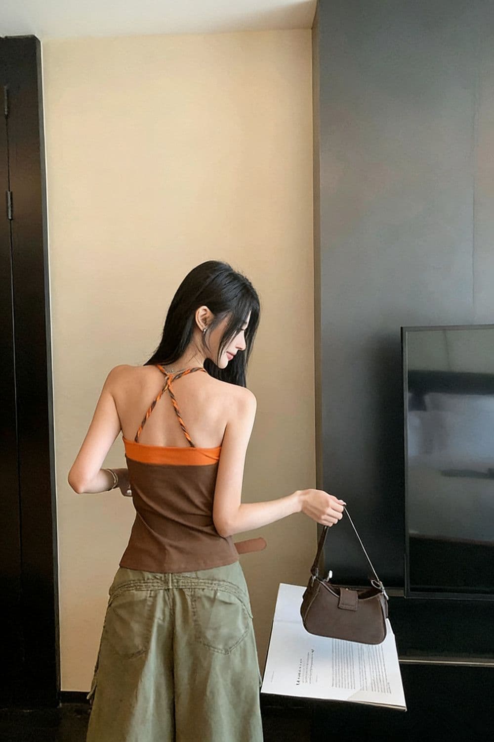 페이크 레이어드 배색 패치워크 흔들다 칼라 캐미솔 여름 매듭 디자인 센스 핫걸 행침 목 맨위 상세 이미지 5