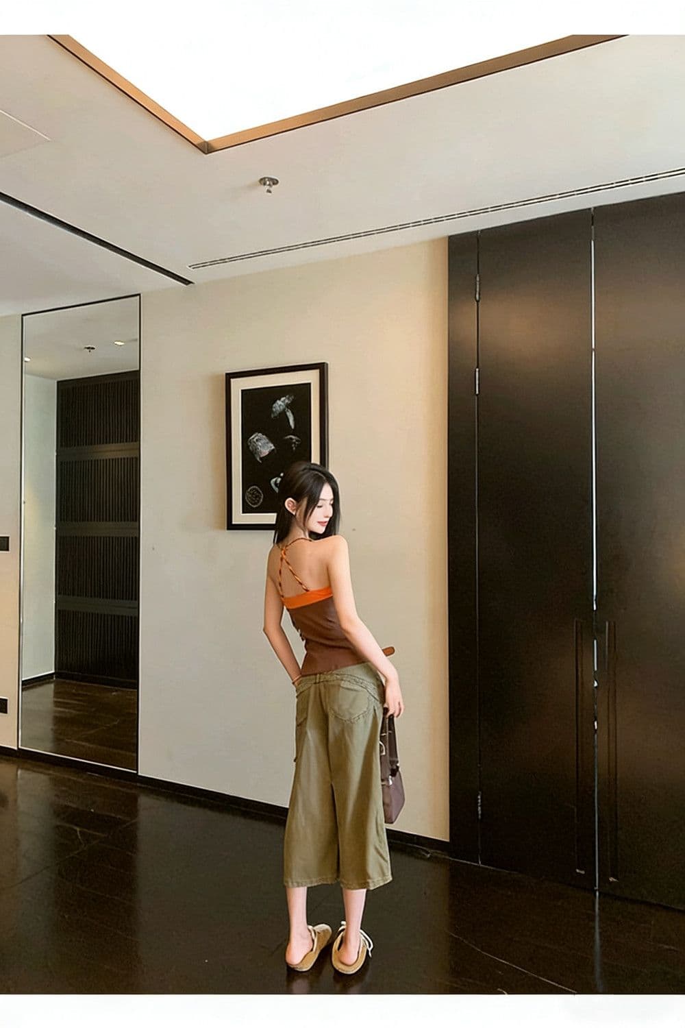 페이크 레이어드 배색 패치워크 흔들다 칼라 캐미솔 여름 매듭 디자인 센스 핫걸 행침 목 맨위 상세 이미지 10
