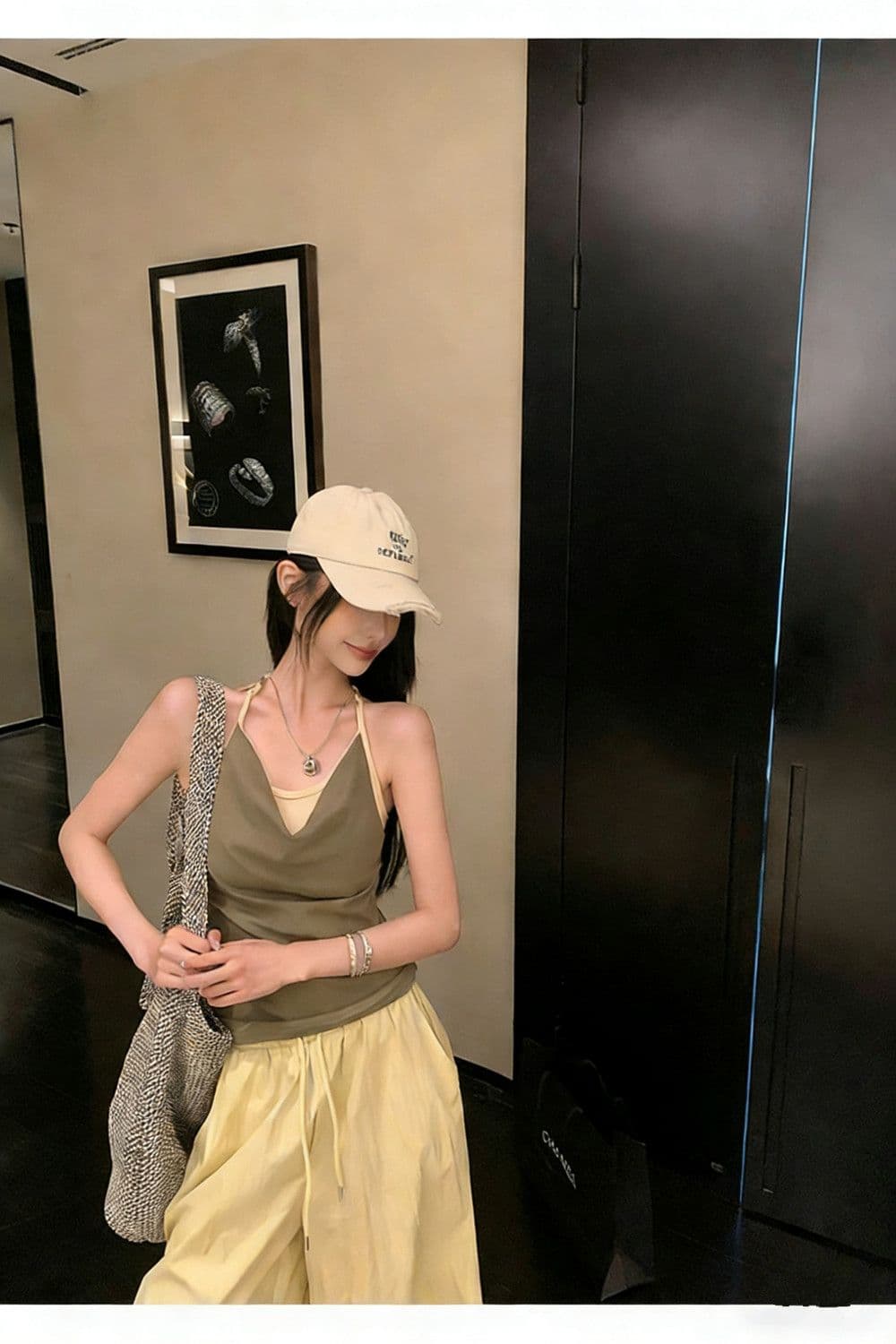페이크 레이어드 배색 패치워크 흔들다 칼라 캐미솔 여름 매듭 디자인 센스 핫걸 행침 목 맨위 상세 이미지 17