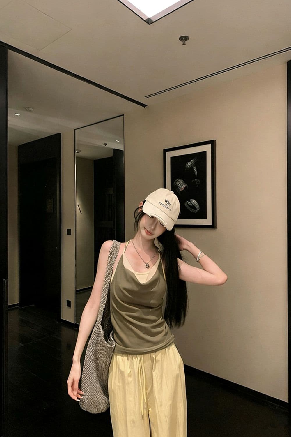 페이크 레이어드 배색 패치워크 흔들다 칼라 캐미솔 여름 매듭 디자인 센스 핫걸 행침 목 맨위 상세 이미지 19