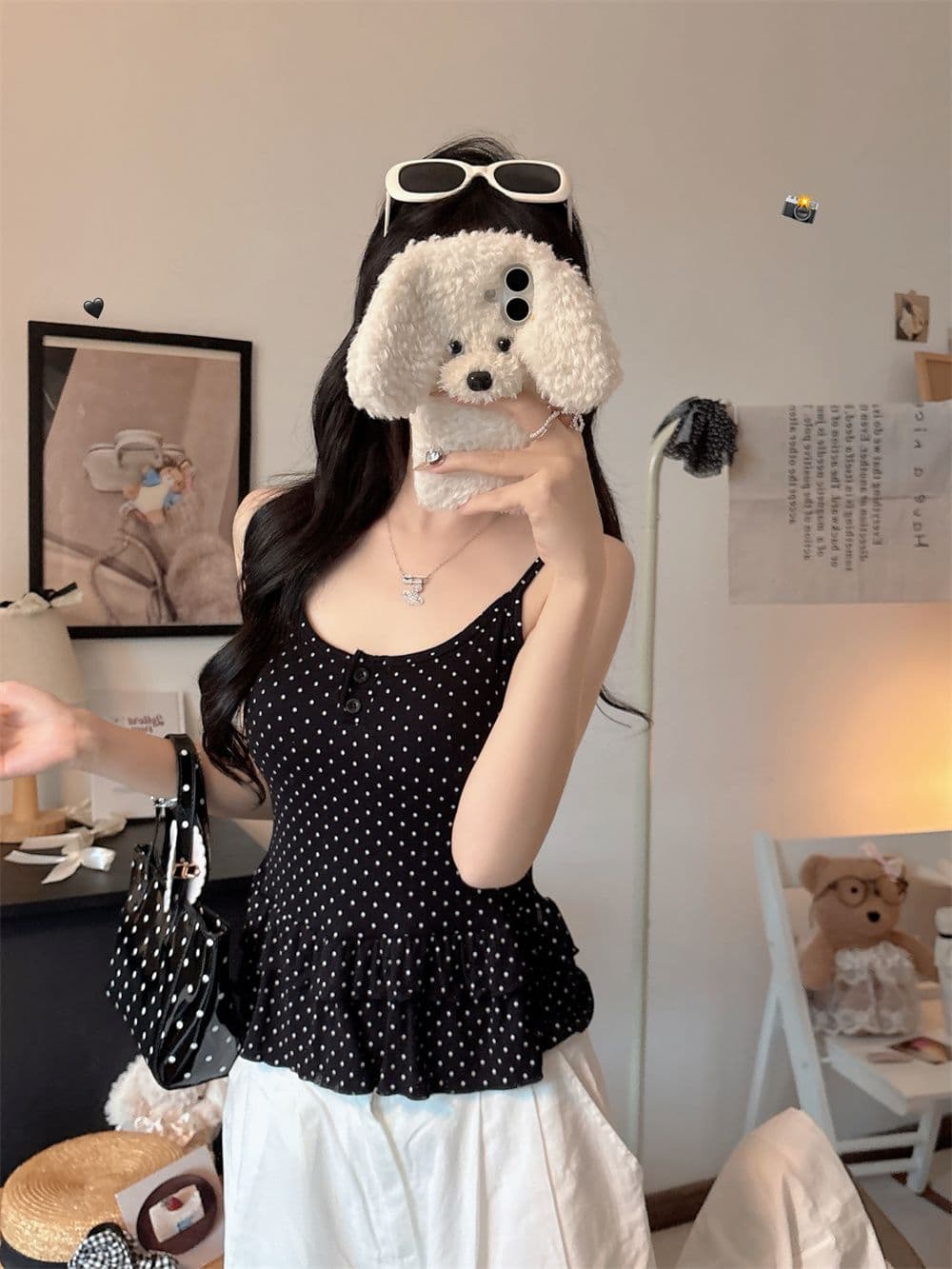 나만의 것을 가져와 라. 가슴 패드 순수한 욕망 바람 핫걸 도트 무늬 작은 슬링 조끼 여성 봄 여름 프릴 몸매 가꾸기 인사이드 가져 가라. 아름다움 뒤로 이미지 3