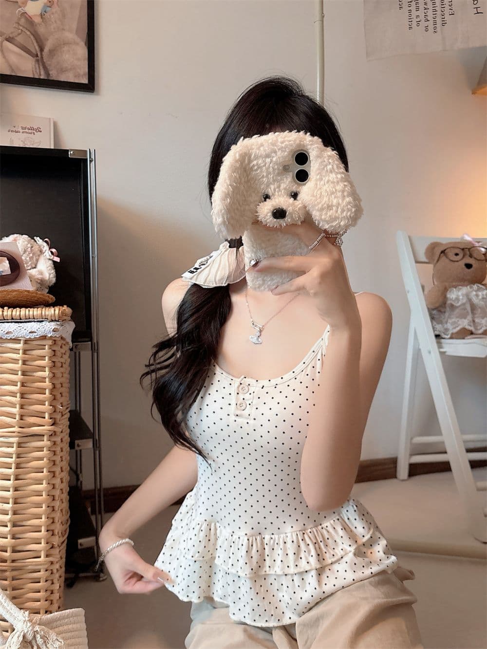나만의 것을 가져와 라. 가슴 패드 순수한 욕망 바람 핫걸 도트 무늬 작은 슬링 조끼 여성 봄 여름 프릴 몸매 가꾸기 인사이드 가져 가라. 아름다움 뒤로 상세 이미지 2