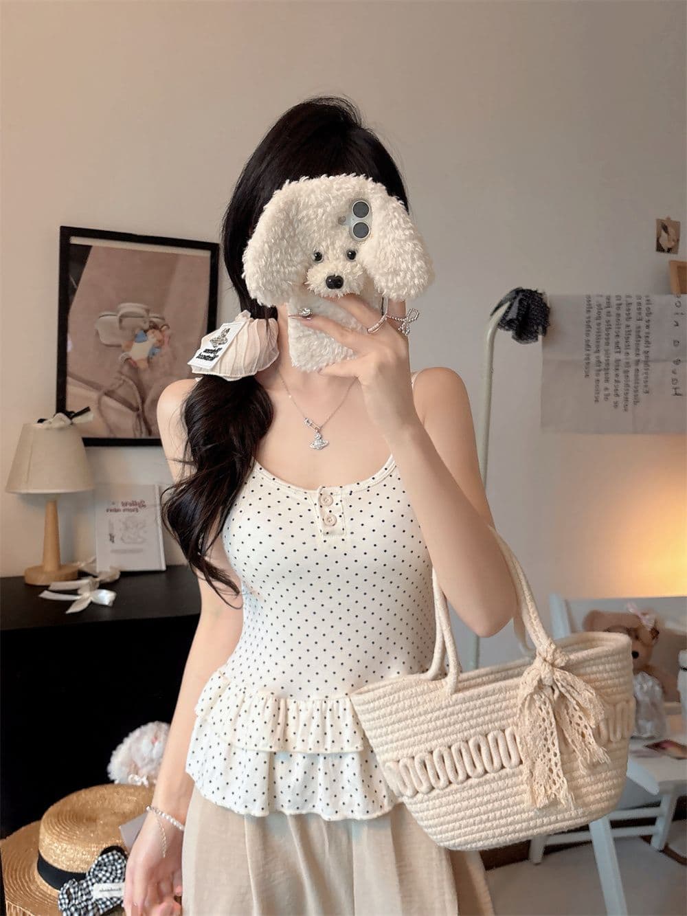 나만의 것을 가져와 라. 가슴 패드 순수한 욕망 바람 핫걸 도트 무늬 작은 슬링 조끼 여성 봄 여름 프릴 몸매 가꾸기 인사이드 가져 가라. 아름다움 뒤로 상세 이미지 3