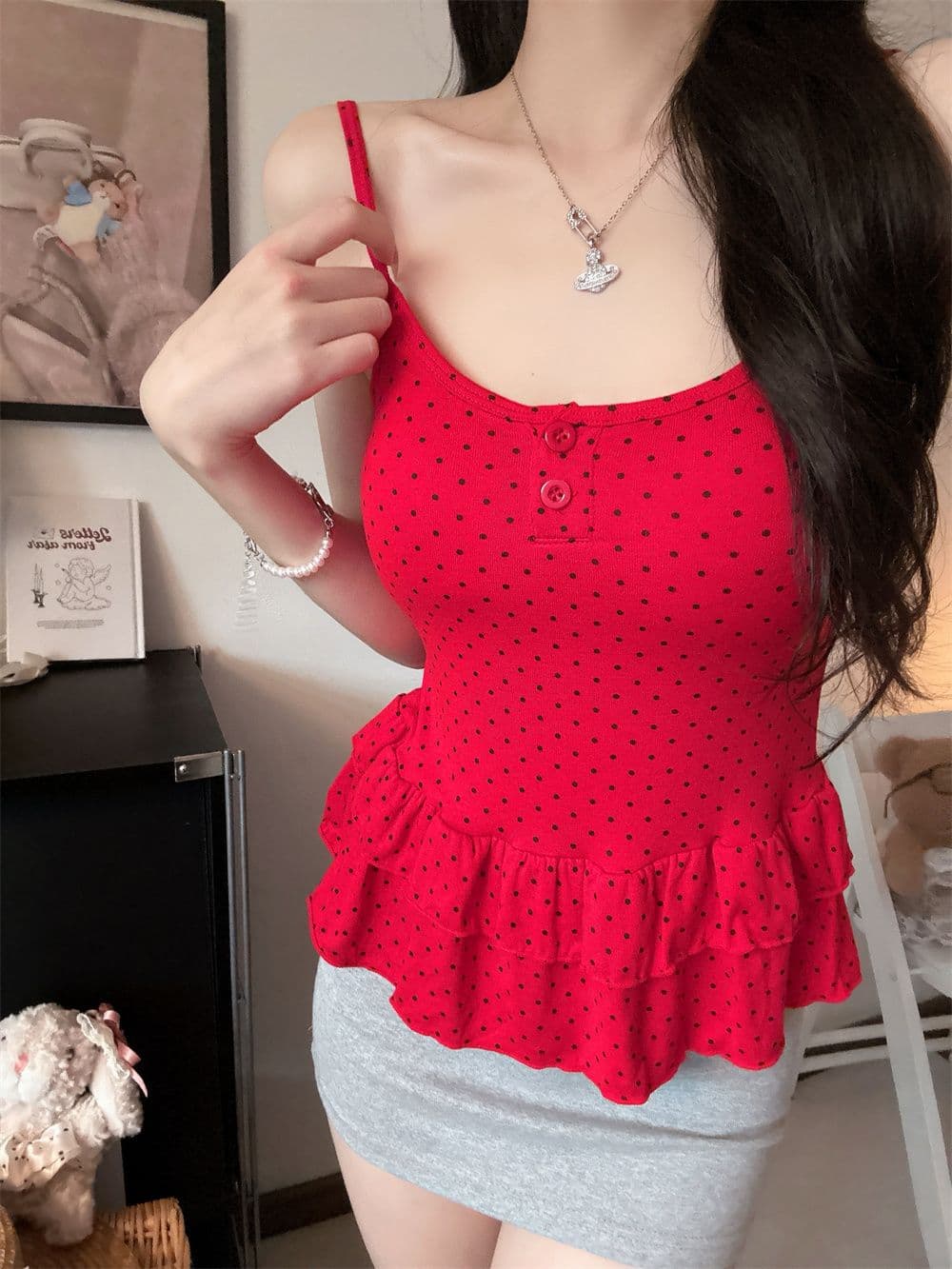 나만의 것을 가져와 라. 가슴 패드 순수한 욕망 바람 핫걸 도트 무늬 작은 슬링 조끼 여성 봄 여름 프릴 몸매 가꾸기 인사이드 가져 가라. 아름다움 뒤로 상세 이미지 11