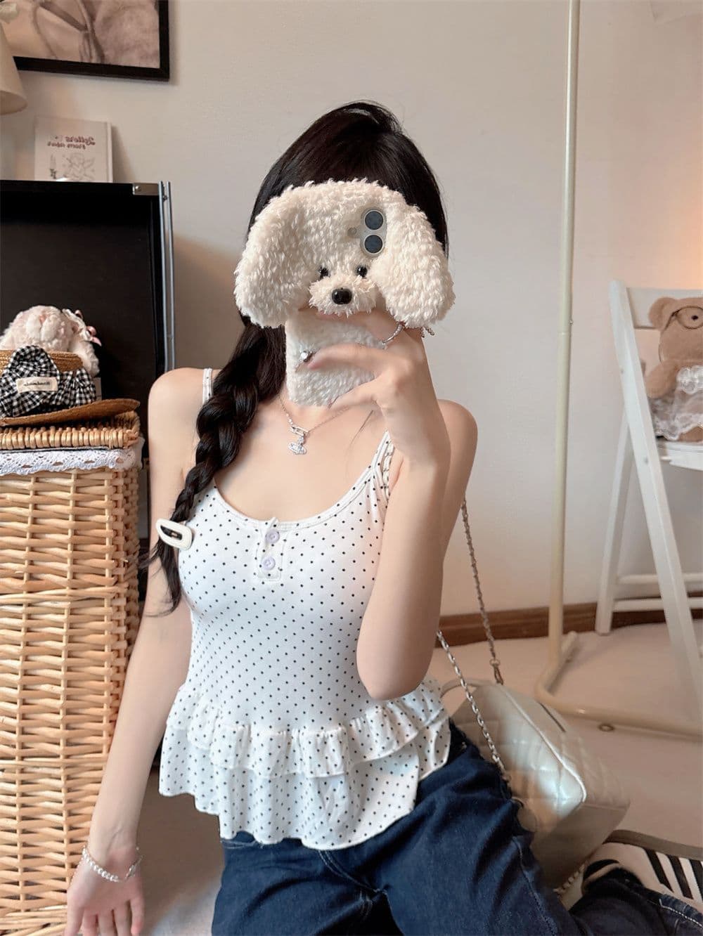 나만의 것을 가져와 라. 가슴 패드 순수한 욕망 바람 핫걸 도트 무늬 작은 슬링 조끼 여성 봄 여름 프릴 몸매 가꾸기 인사이드 가져 가라. 아름다움 뒤로 상세 이미지 19