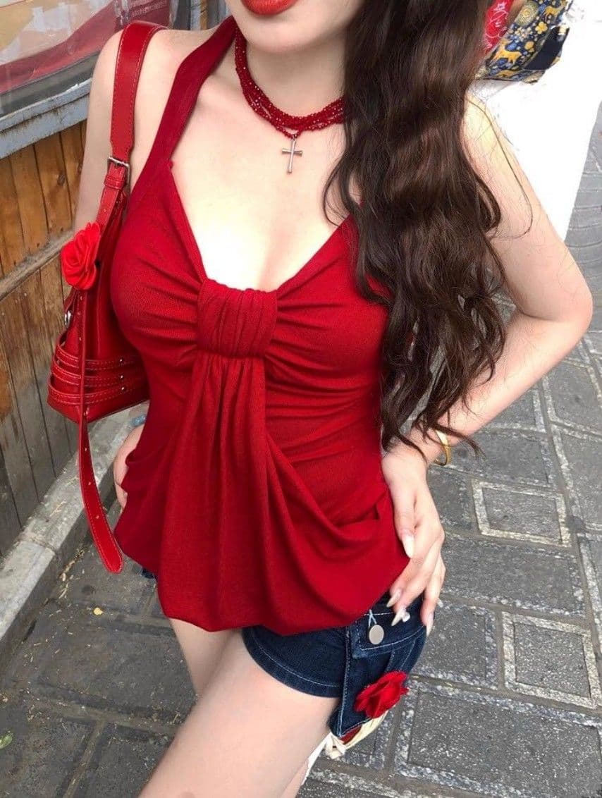 아메리칸 순수한 욕망 섹시함 V넥 비틀림 캐미솔 여름 허리 수축 슬림해 보이는 외출용 다용도 민소매 핫걸 맨위 상세 이미지 9