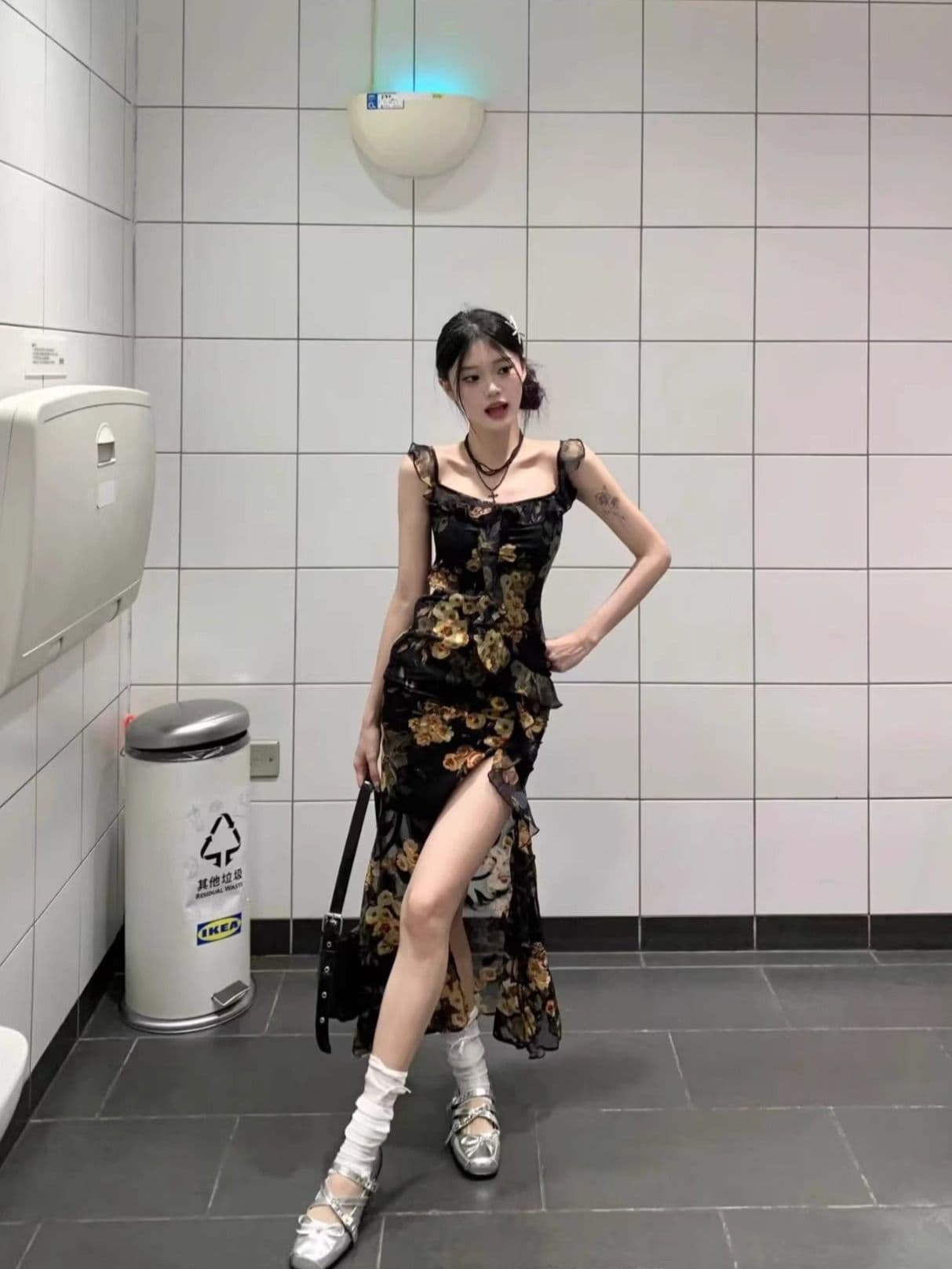 품격 명문 여성 로얄 자매 바람 슬립 드레스 레트로 프린트 디자인 센스 작은 대중 트임 몸매 가꾸기 타이트 스커트 길다 치마 이미지 3