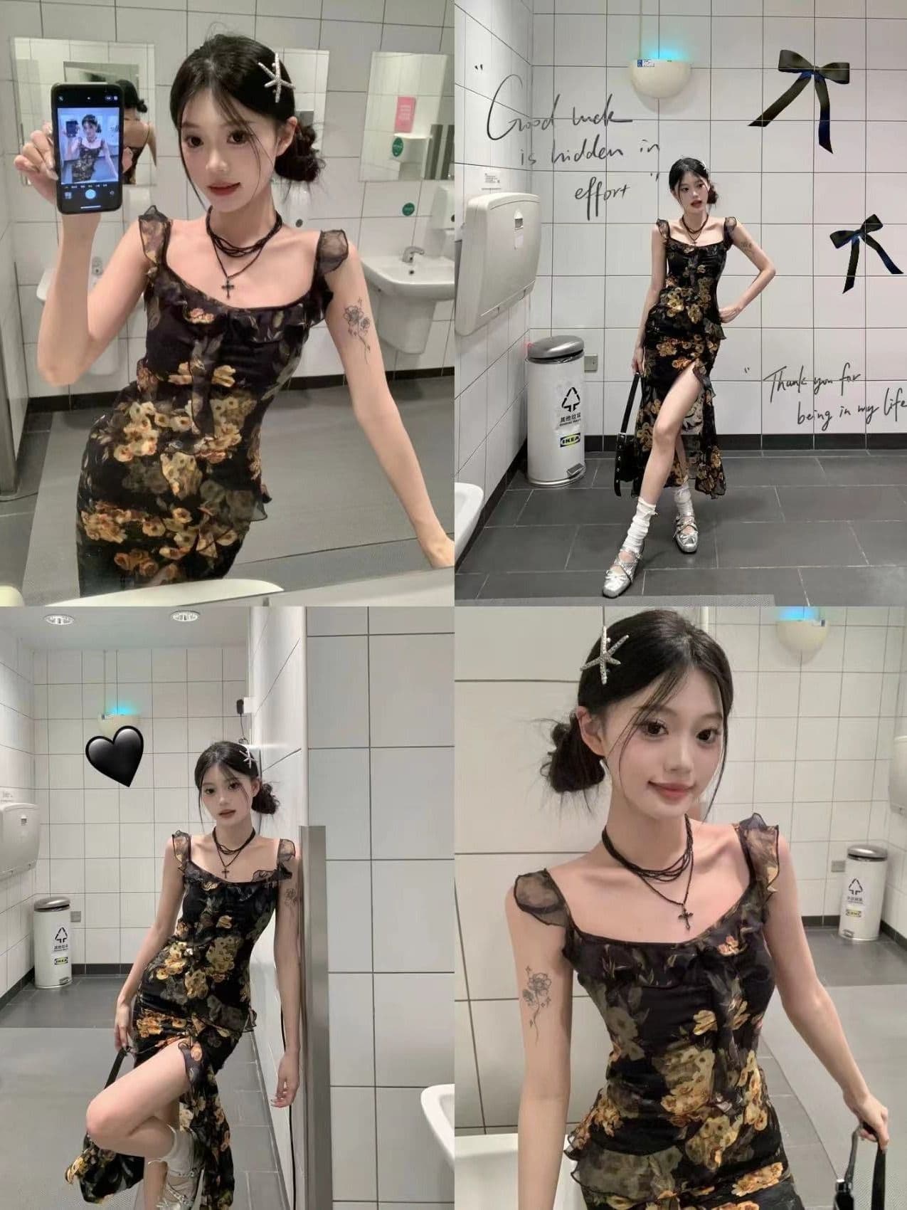 품격 명문 여성 로얄 자매 바람 슬립 드레스 레트로 프린트 디자인 센스 작은 대중 트임 몸매 가꾸기 타이트 스커트 길다 치마 이미지 4
