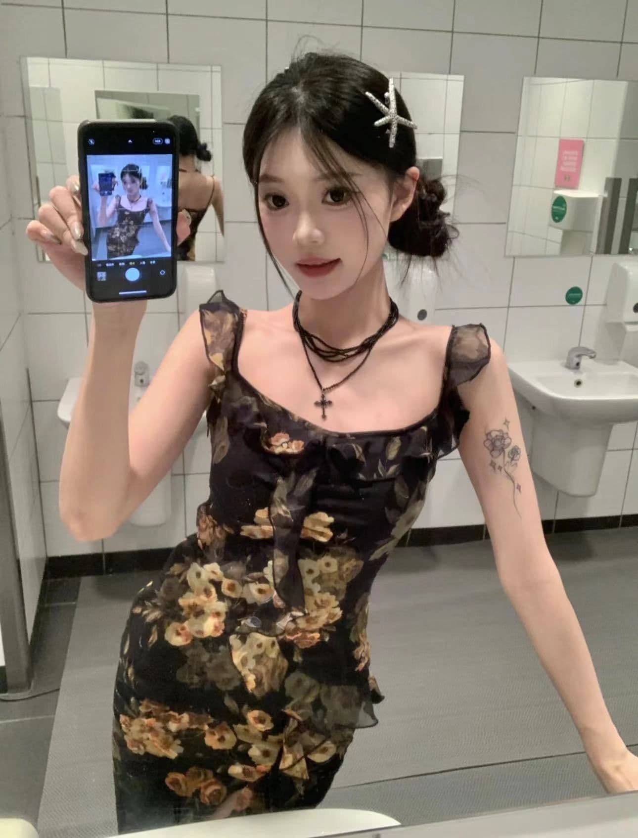품격 명문 여성 로얄 자매 바람 슬립 드레스 레트로 프린트 디자인 센스 작은 대중 트임 몸매 가꾸기 타이트 스커트 길다 치마 상세 이미지 4