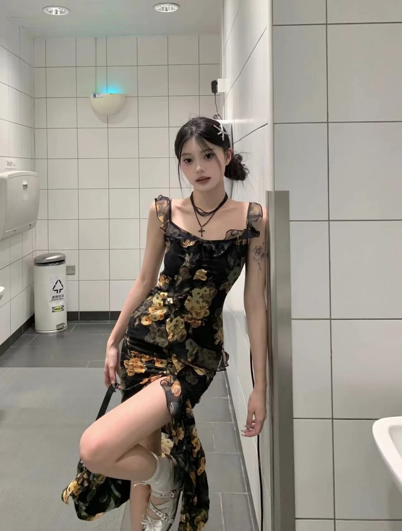 품격 명문 여성 로얄 자매 바람 슬립 드레스 레트로 프린트 디자인 센스 작은 대중 트임 몸매 가꾸기 타이트 스커트 길다 치마 상세 이미지 5