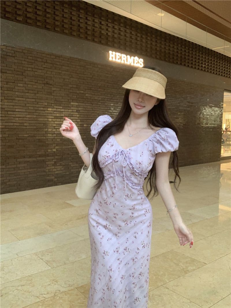 디자인 센스 연령 감소 꽃무늬 거품 소매 여성 드레스 여름 새로운 허리 수축 작은 대중 한 부서 한 마디 롱 스커트 상세 이미지 7